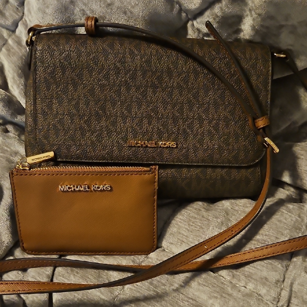 Michael Kors Dark Brown and Tan Crossbody Bag with Wallet
